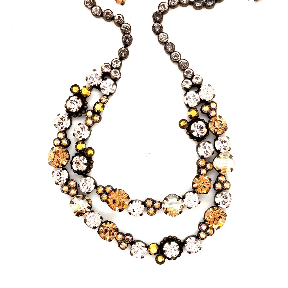 Sorrelli Crystal Bib Necklace Antique Brass Two Strand Champagne Amber Statement
